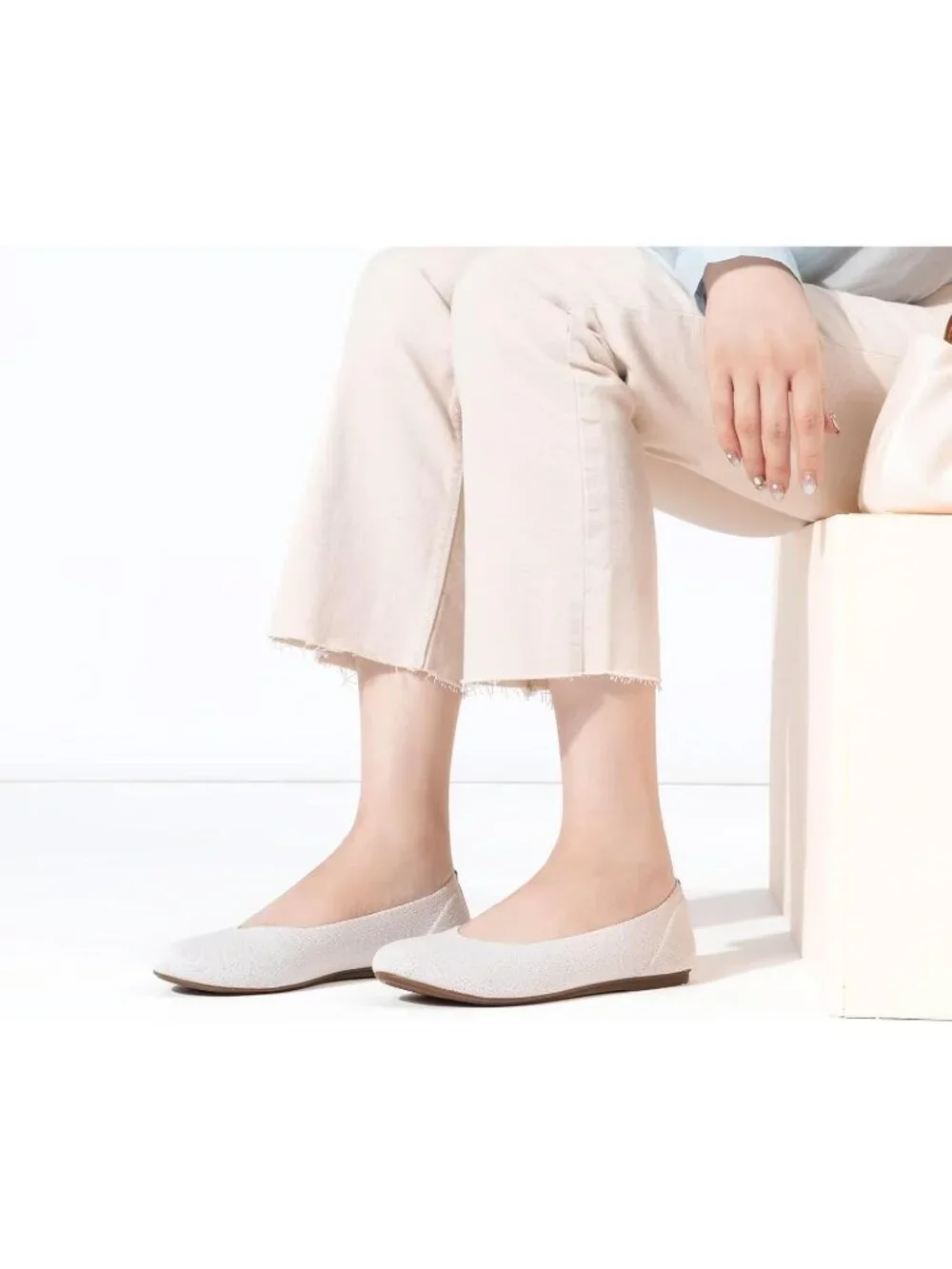 Women's Cream Round Toe Knit Dress Low Wedge Slip On Ballerina Ballet Flat Shoes